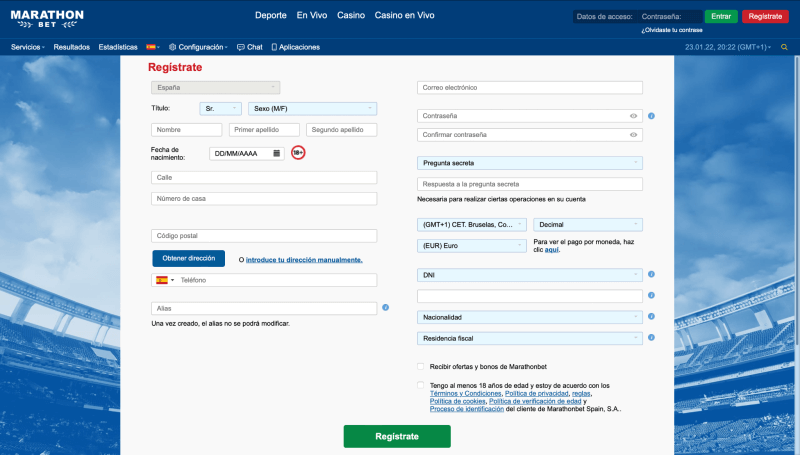 Proceso de registro de Marathonbet online casino